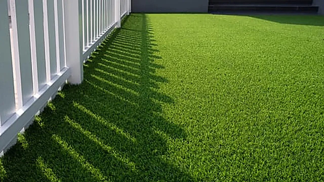 Artificial turf lawn installed along a white fence line
