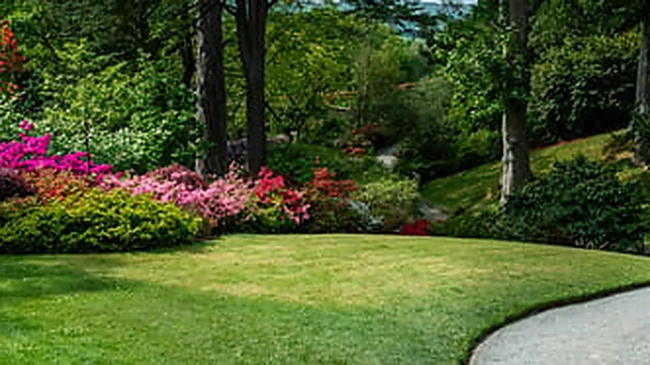 Manicured South Florida landscape with flowering shrubs and open lawn