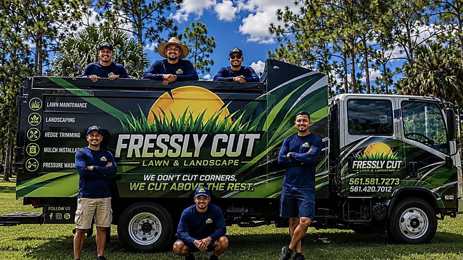 The Fressly Cut Green Lawn Inc crew standing in front of their branded service truck in Jupiter, Florida