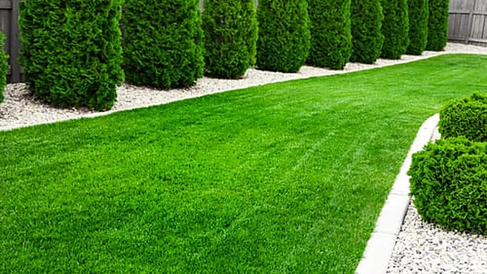 Professionally installed artificial turf lawn with clean gravel border and shaped hedges